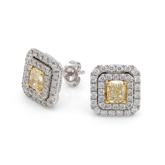 Yerushalmi Brothers Stud Natural Diamond Earrings in 14 Karat White Yellow Gold with 1.03ctw Yellow Cushion Diamonds, Clarity: VS1-VS2