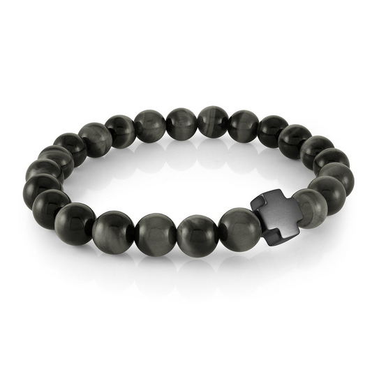 ItalGem Steel Men's Color Gemstone Bracelet in Stainless Steel Dark Grey with 24 Round Black Tiger Eyes 8mm-8mm