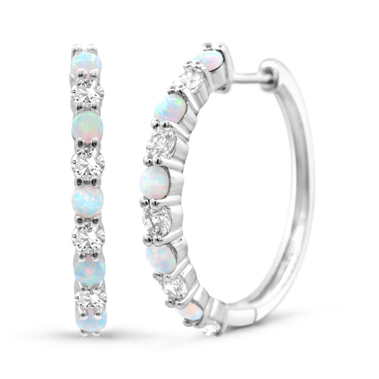 ReMARKable Designs Medium Hoop Lab Created Opal Color Gemstone Earrings in Sterling Silver White with 10 Lab Created Opals