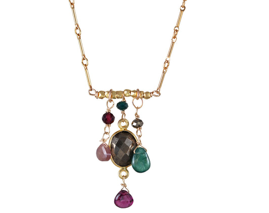 Gold-filled necklace with pyrite and gemstones.
