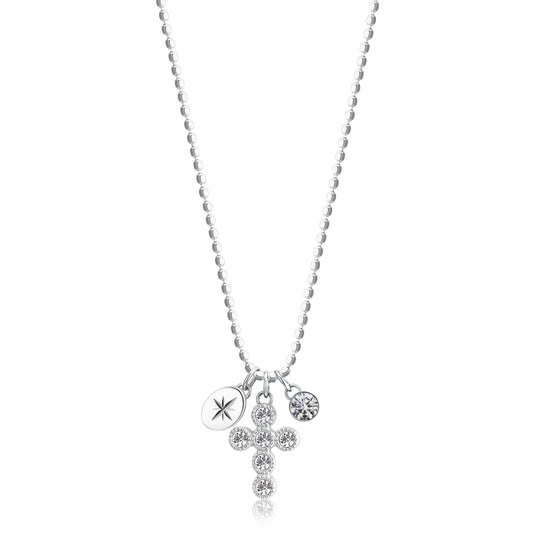 Stainless steel cross necklace with gemstones.