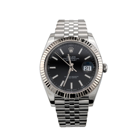 Silver stainless steel watch with black dial.