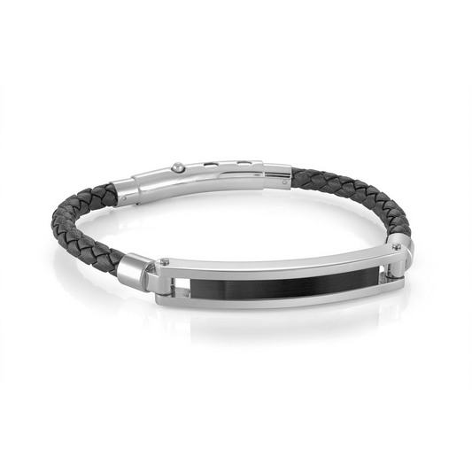 Braid Bracelet (No Stones) in Stainless Steel - Leather White - Black