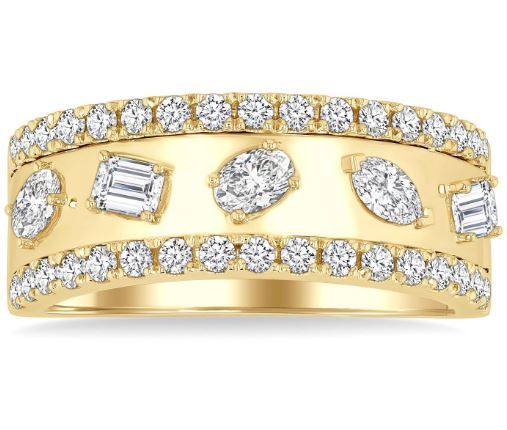 Yellow gold ring with various shaped diamonds.