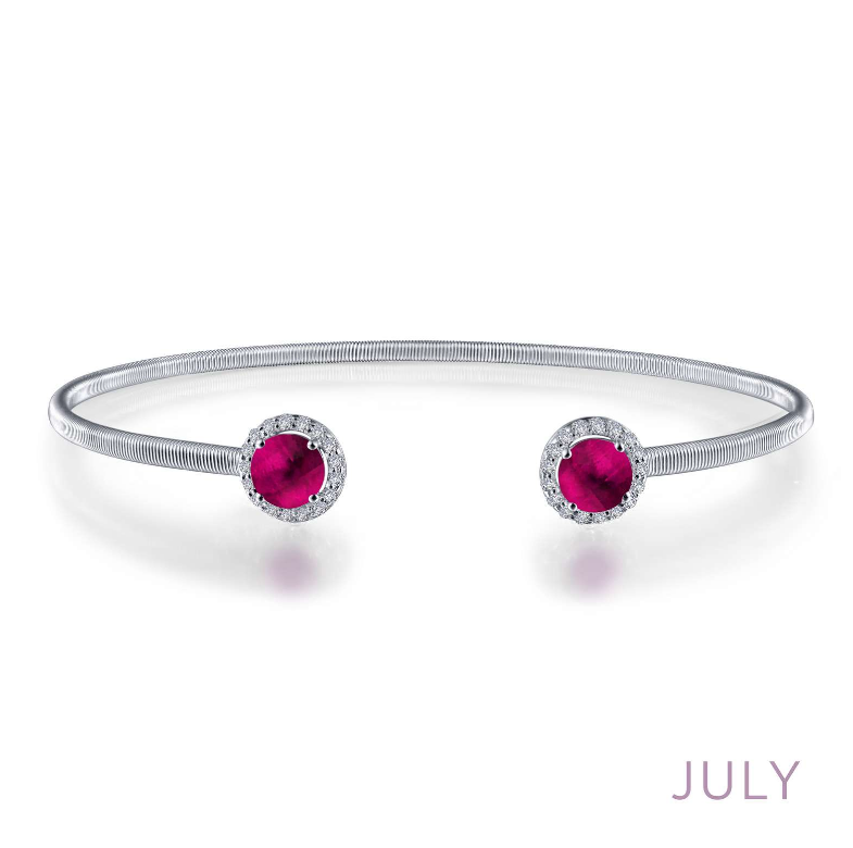 Cuff Color Gemstone Bracelet in Platinum Bonded Sterling Silver White with 2 Round Lab Created Rubies