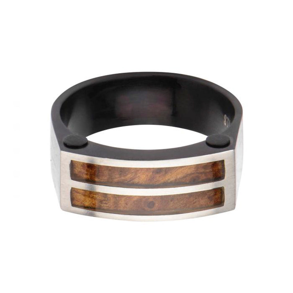 Black stainless steel ring with wood inlay.