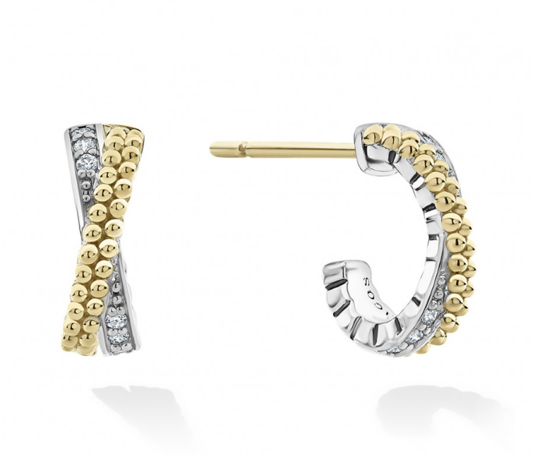 Caviar Lux Collection J Hoop Natural Diamond Earrings in Sterling Silver - 18 Karat White - Yellow with 0.08ctw Round Diamond
