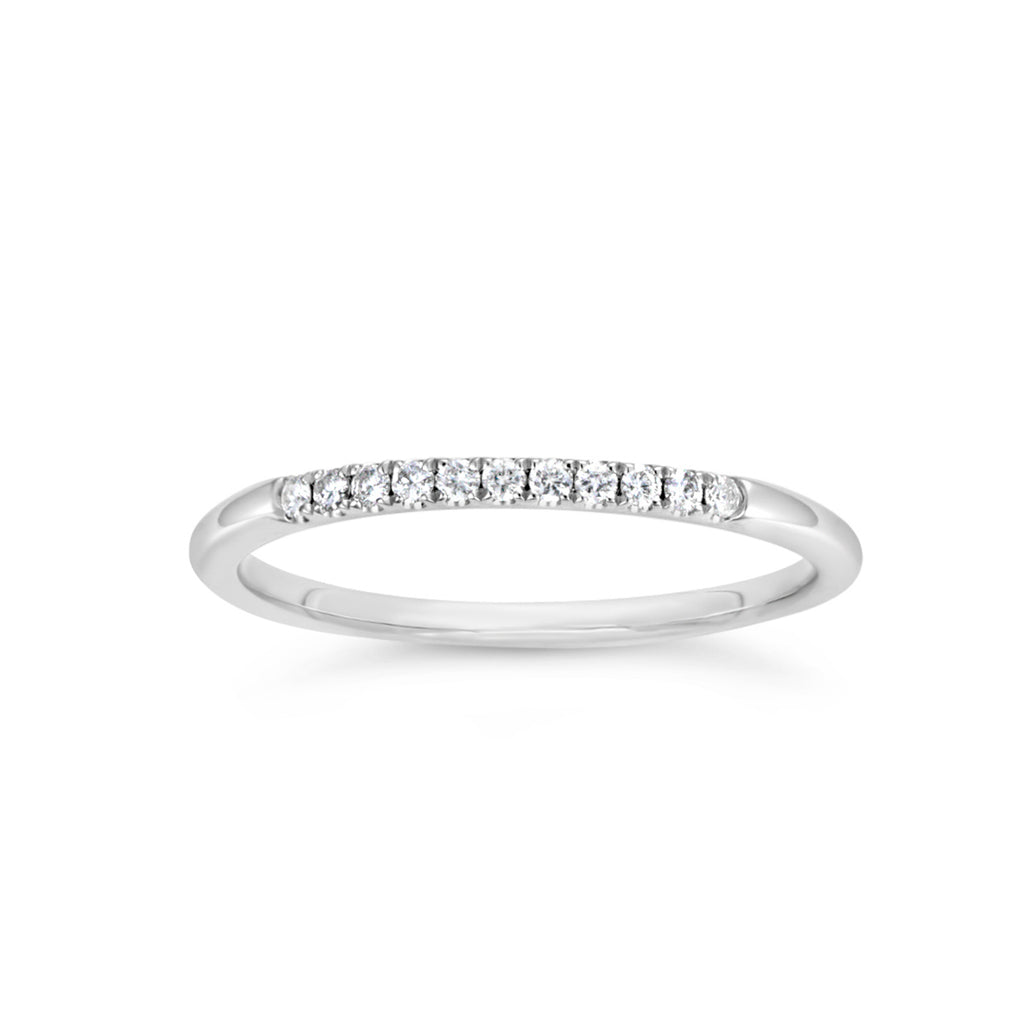 14K white gold band with round diamonds.