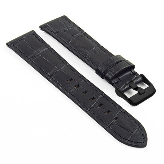 Black leather watch band with matte finish.