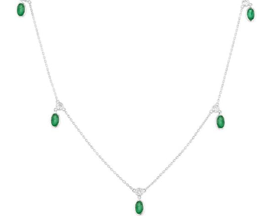 Station Color Gemstone Necklace in 14 Karat White with 5 Oval Emeralds 5mm