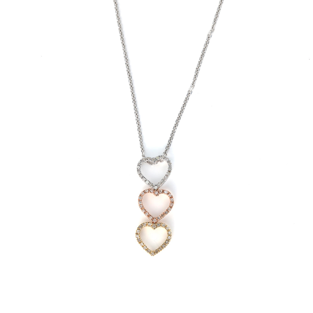 Three-tone diamond heart pendant necklace.