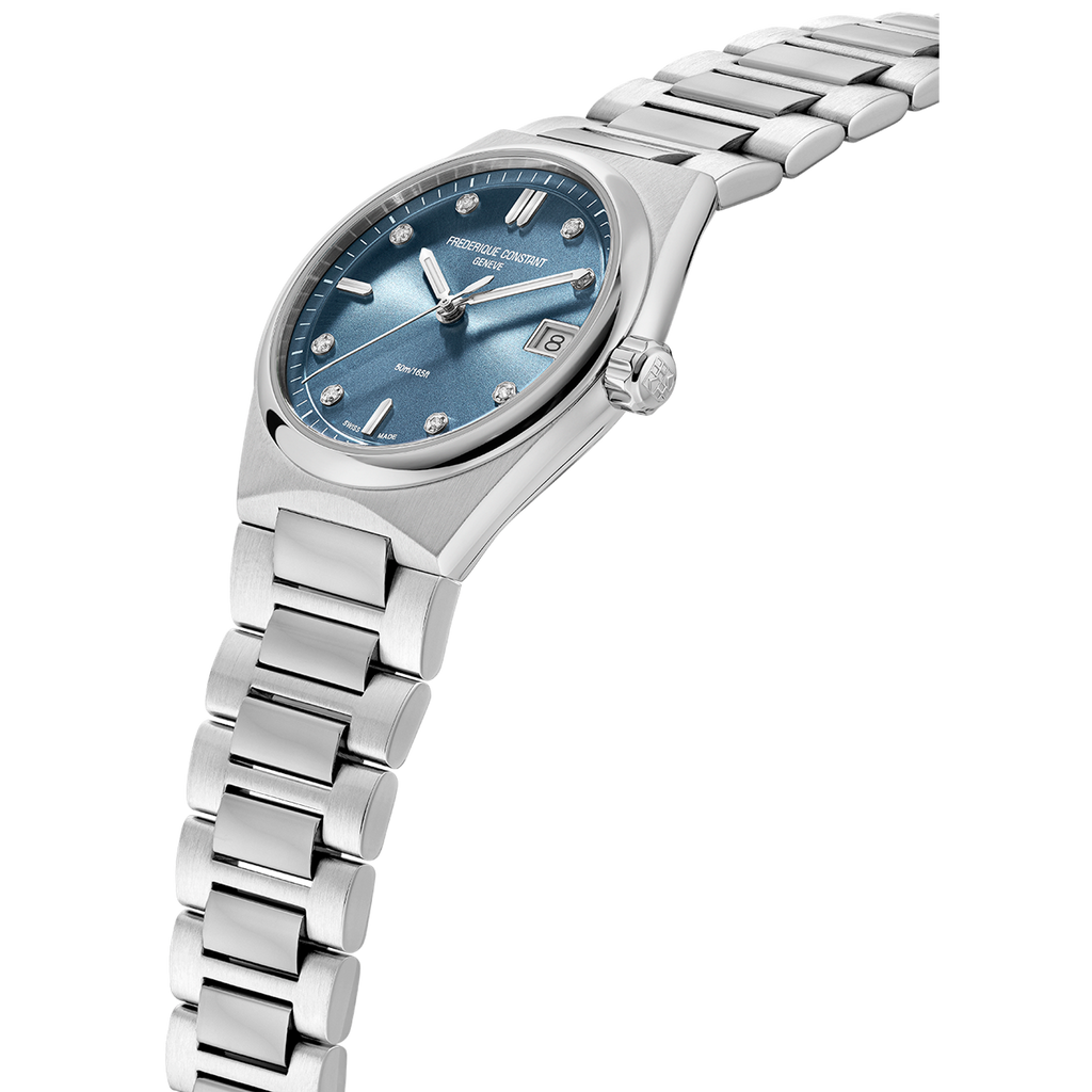 Blue dial stainless steel watch with diamonds.