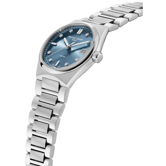 Blue dial stainless steel watch with diamonds.