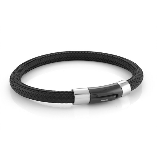 Black rubber bracelet with stainless steel accents.