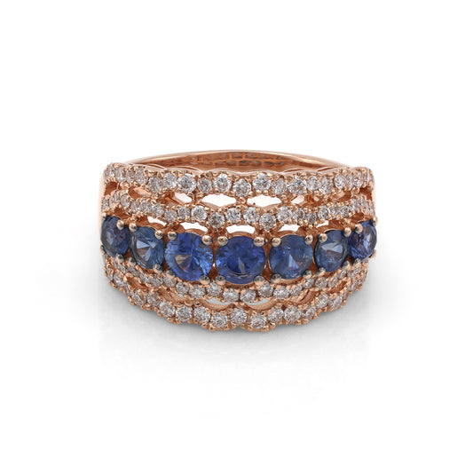 Marks Estate Dept 1 Color Gemstone Ring in 14 Karat Rose Gold with 7 Round Blue Sapphires 1.00ctw