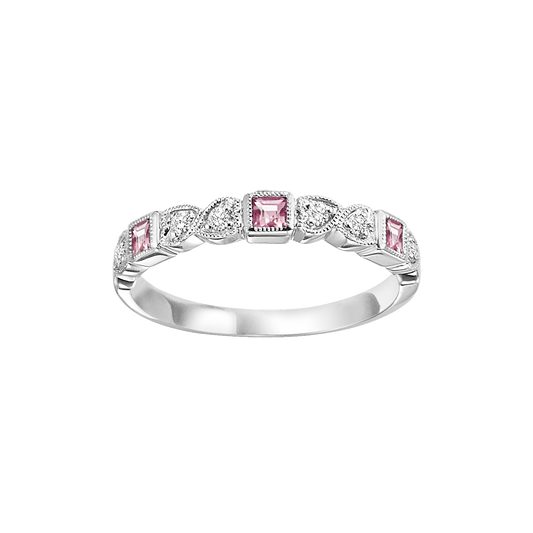 Semi-Precious Color Collection Stackable Color Gemstone Band in 10 Karat White with 3 Princess Pink Tourmalines 0.16ctw