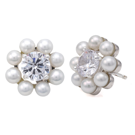 White gold earrings with pearls and gemstones.
