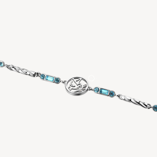 Stainless steel bracelet with blue gemstones.