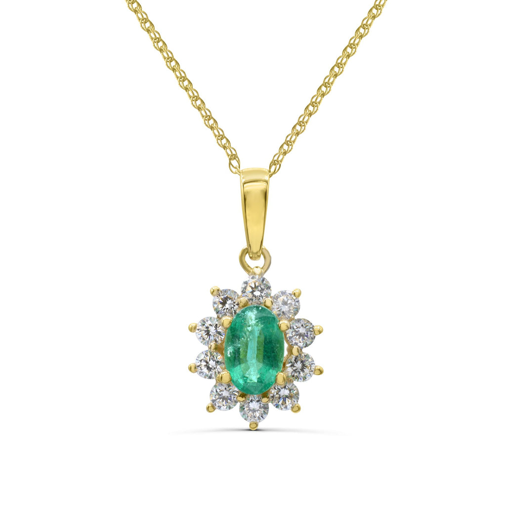 Oval emerald pendant with diamonds, yellow gold necklace.