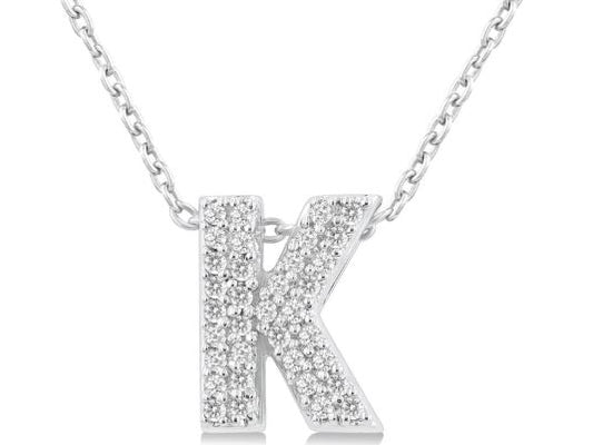 Diamond initial "K" necklace, white gold chain.