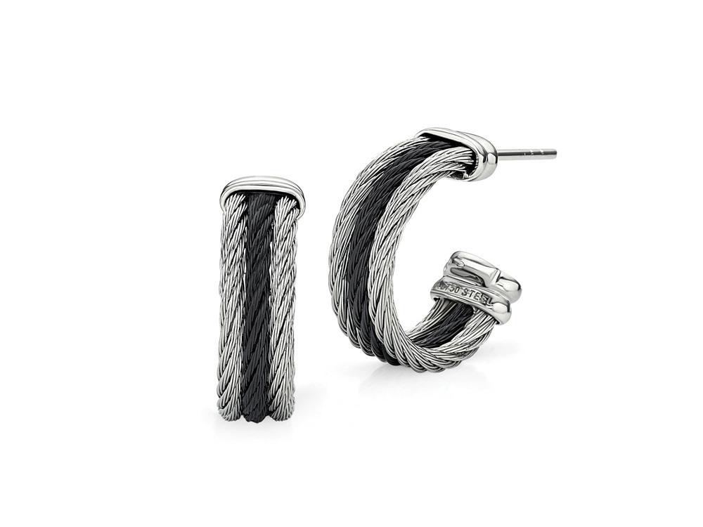 Small Hoop Earrings (No Stones) in Stainless Steel Cable - 18 Karat White - Black