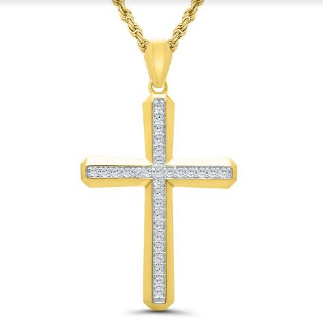 Yellow gold cross necklace with diamonds.