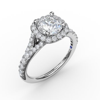 Halo Hidden Accent Natural Diamond Semi-Mount Engagement Ring in 14 Karat White with 46 Round Diamonds, Color: G/H, Clarity: SI1, totaling 0.52ctw