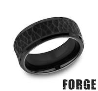 Black titanium band with carved hammered design.