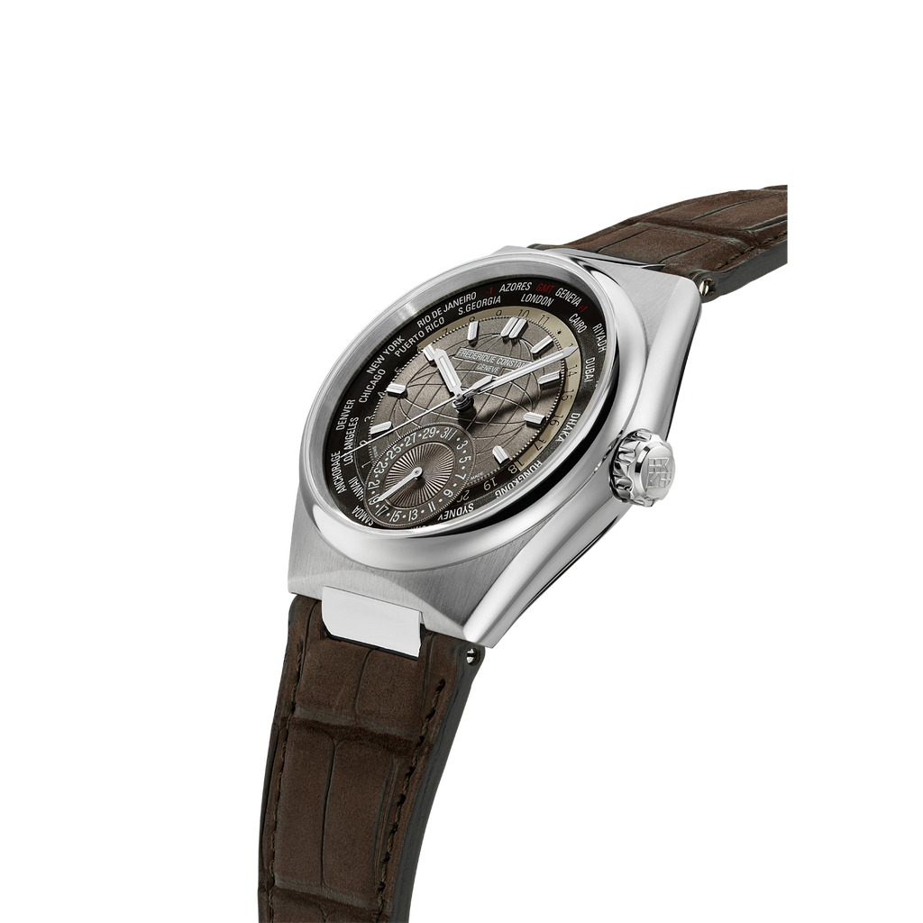 Brown dial, stainless steel case, leather band.