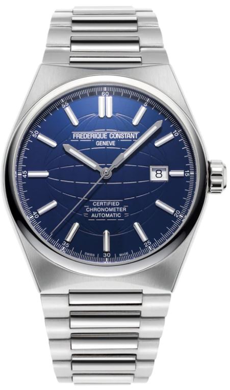 Stainless steel watch with dark blue dial.