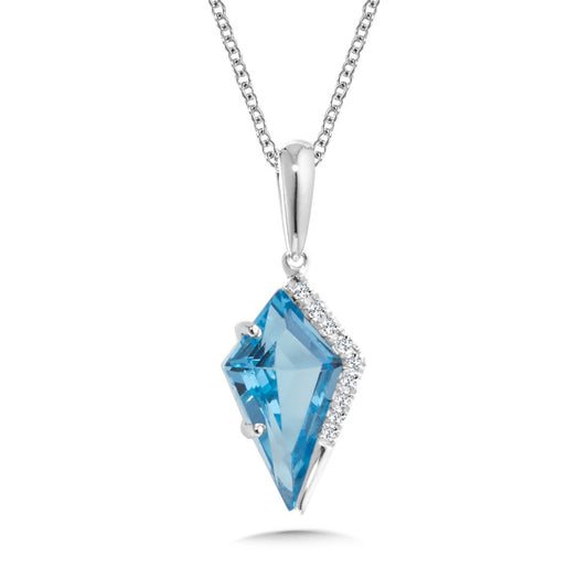 Kite-shaped blue topaz pendant with diamonds.