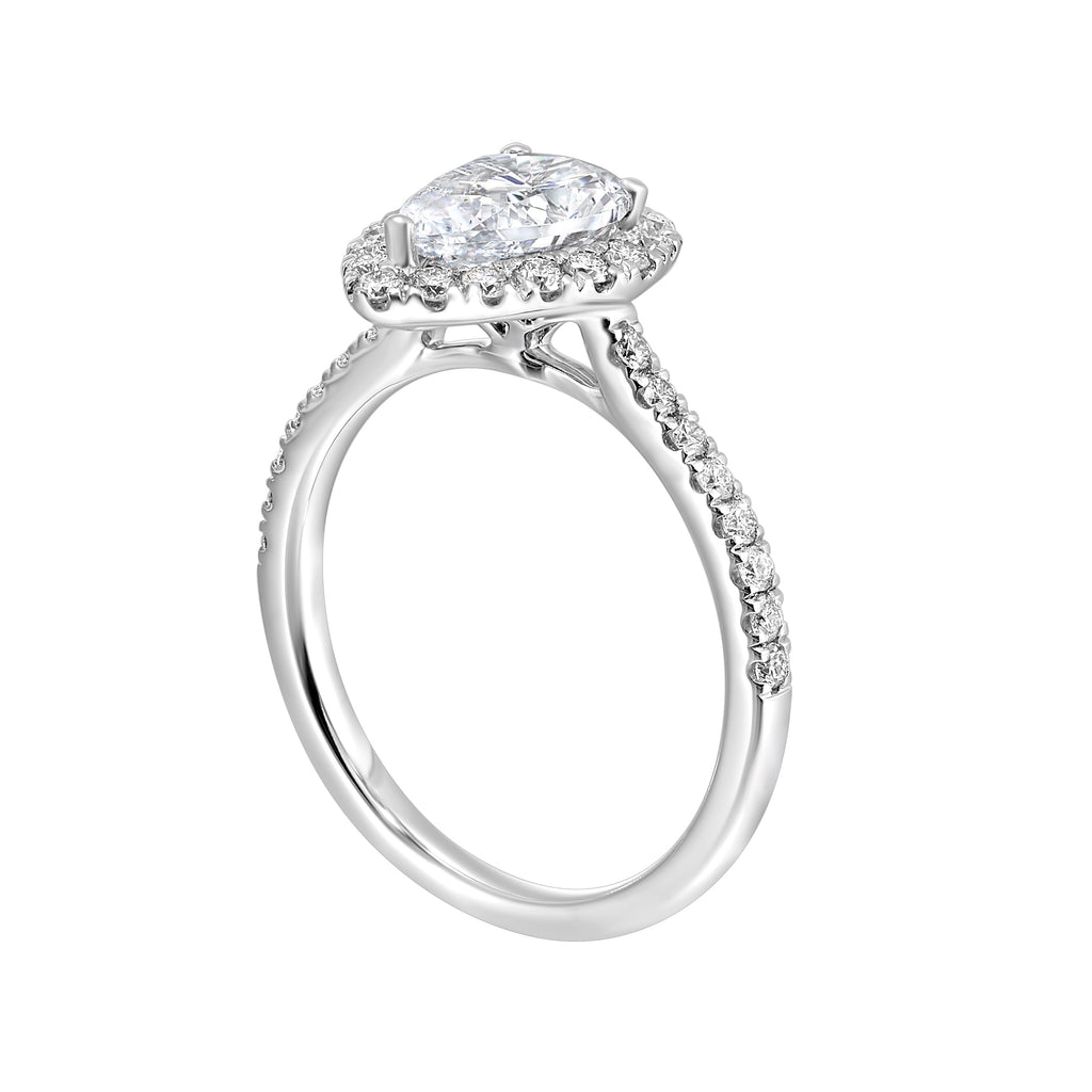 Halo diamond engagement ring in white gold.