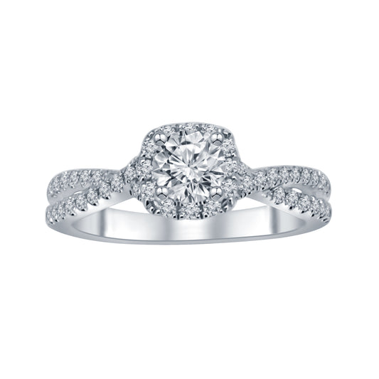 Halo diamond ring with twisted band.