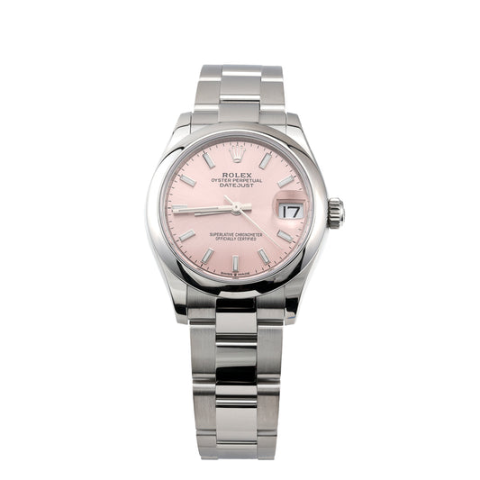 Stainless steel watch with pink dial.