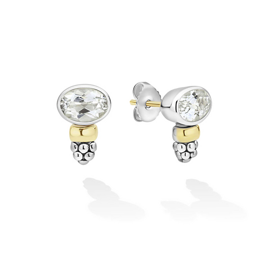 Lagos Signature Caviar Collection Stud Color Gemstone Earrings in Sterling Silver - 14 Karat White - Yellow with 2 Oval White Topazes