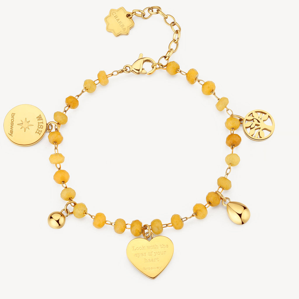 Yellow gemstone charm bracelet in stainless steel.