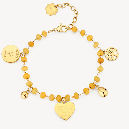 Yellow gemstone charm bracelet in stainless steel.