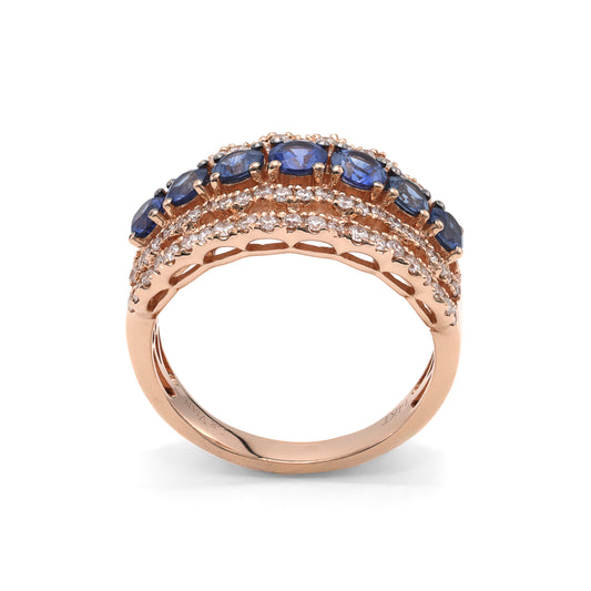 Marks Estate Dept 1 Color Gemstone Ring in 14 Karat Rose Gold with 7 Round Blue Sapphires 1.00ctw