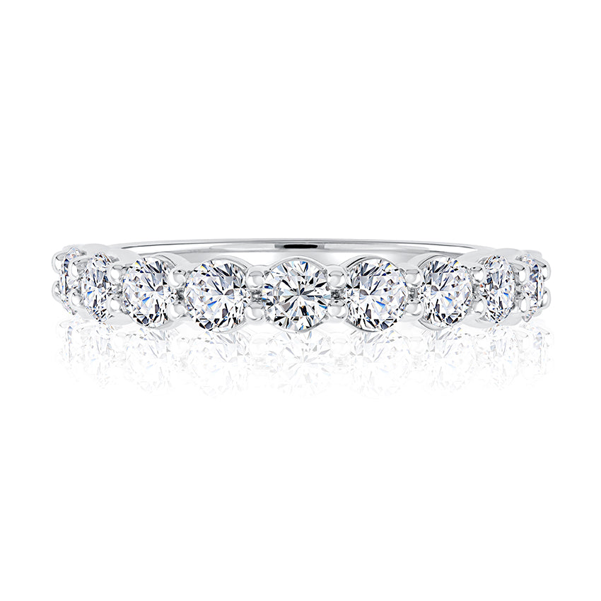 14K white gold band with round diamonds.