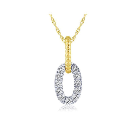 Two-tone gold necklace with diamond oval pendant.