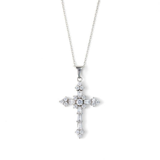 Cross Simulated Diamond Necklace in Sterling Silver