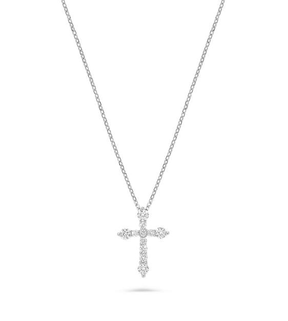 Cross necklace with round diamonds in white gold.