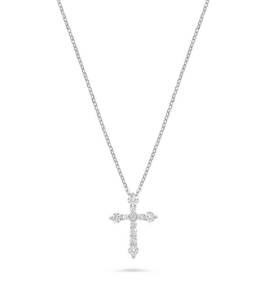 Cross necklace with round diamonds in white gold.