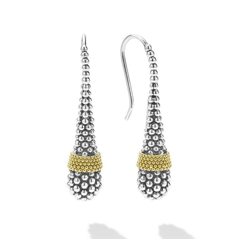 Sterling silver drop earrings with gold accents.