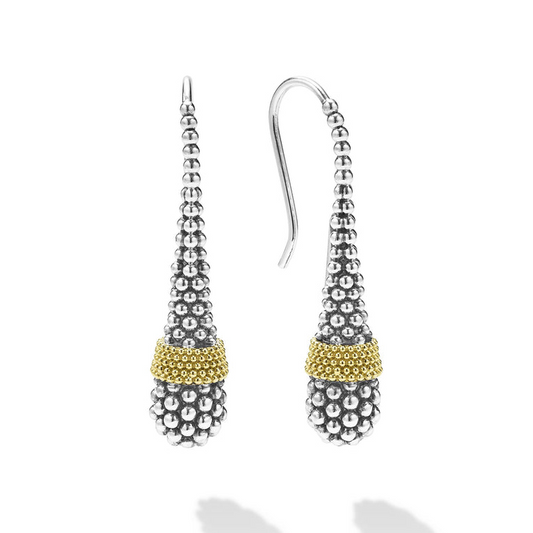 Sterling silver drop earrings with gold accents.