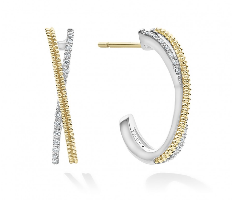 Two-tone diamond J hoop earrings.