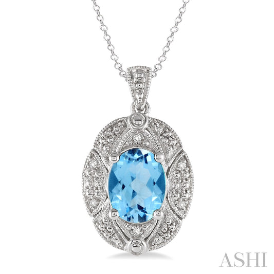 Pendant Color Gemstone Necklace in Sterling Silver White with 1 Oval Blue Topaz 9mm-9mm