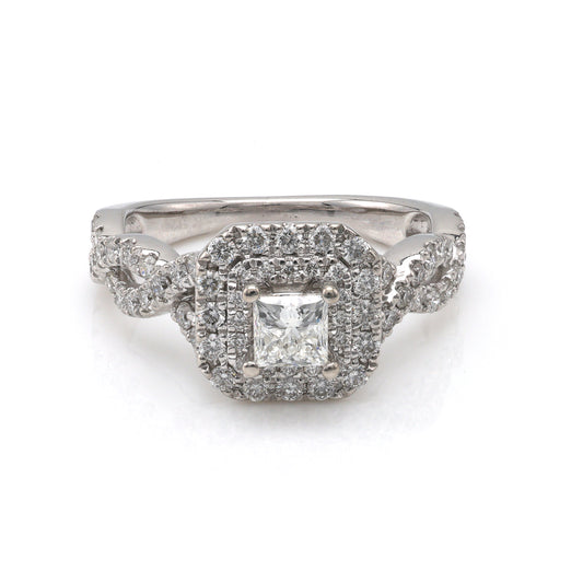 ReMarkable Estate Halo Hidden Accent Natural Diamond Complete Engagement Ring in 14 Karat White Gold with 1 Princess Diamond, Color: G, Clarity: SI2, totaling 0.38ctw