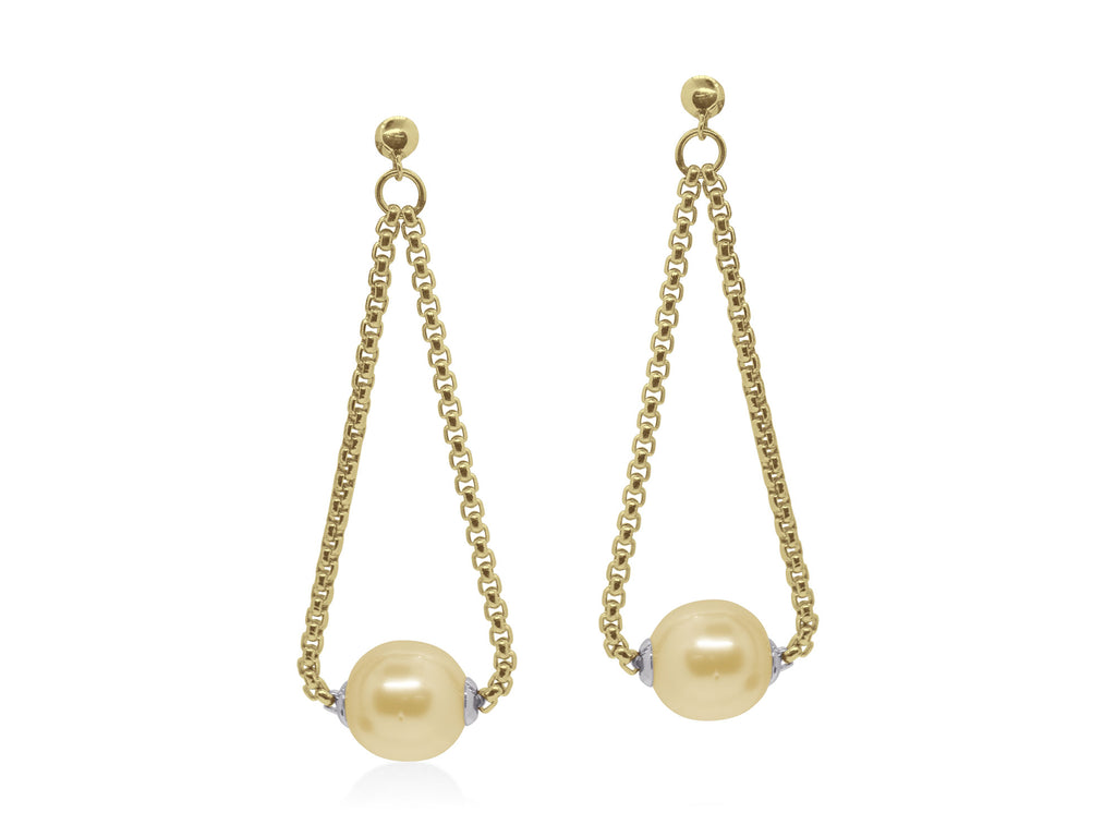Drop Color Gemstone Earrings in Stainless Steel - 14 Karat Yellow with 2 South Sea Pearls 11mm-12mm