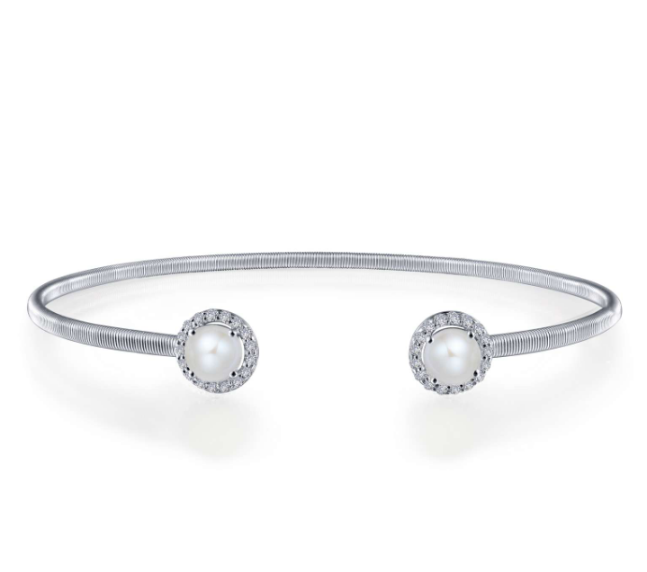 Bangle Color Gemstone Bracelet in Platinum Bonded Sterling Silver White with 2 Freshwater Pearls